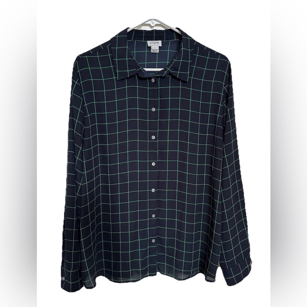 J Crew Windowpane Plaid Button Up Shirt Women’s XL Long Sleeve Black Green Prep